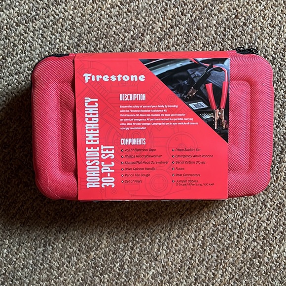 FIRESTONE Roadside Emergency 30-Pc Set JumperCables Fuses Tire Gauge Pliers NEW - Picture 2 of 8